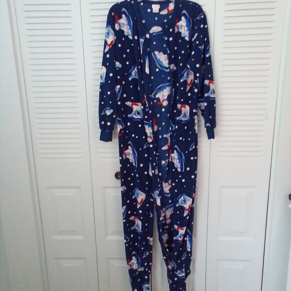 CHEROKEE L (12-14) NAVY FLEECE FOOTIE PAJAMAS POLAR BEAR FULL ZIP SLEEPER COZY - Picture 3 of 10